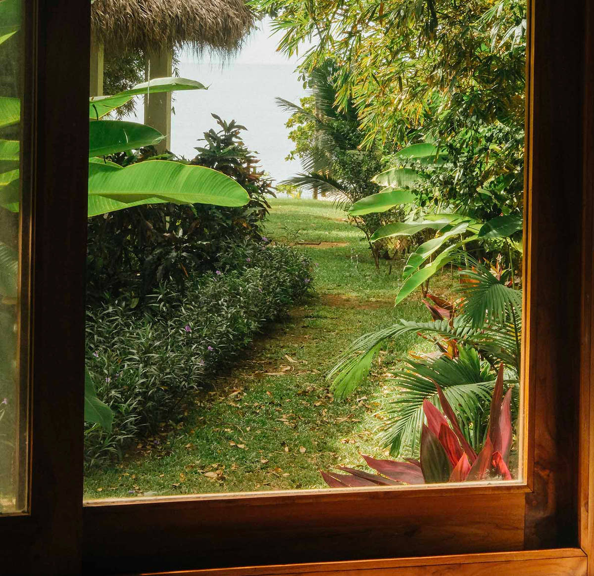 Vue sur le jardin depuis une chambre du lodge